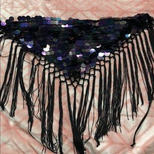 Sequin and fringe black reflective bandana or top